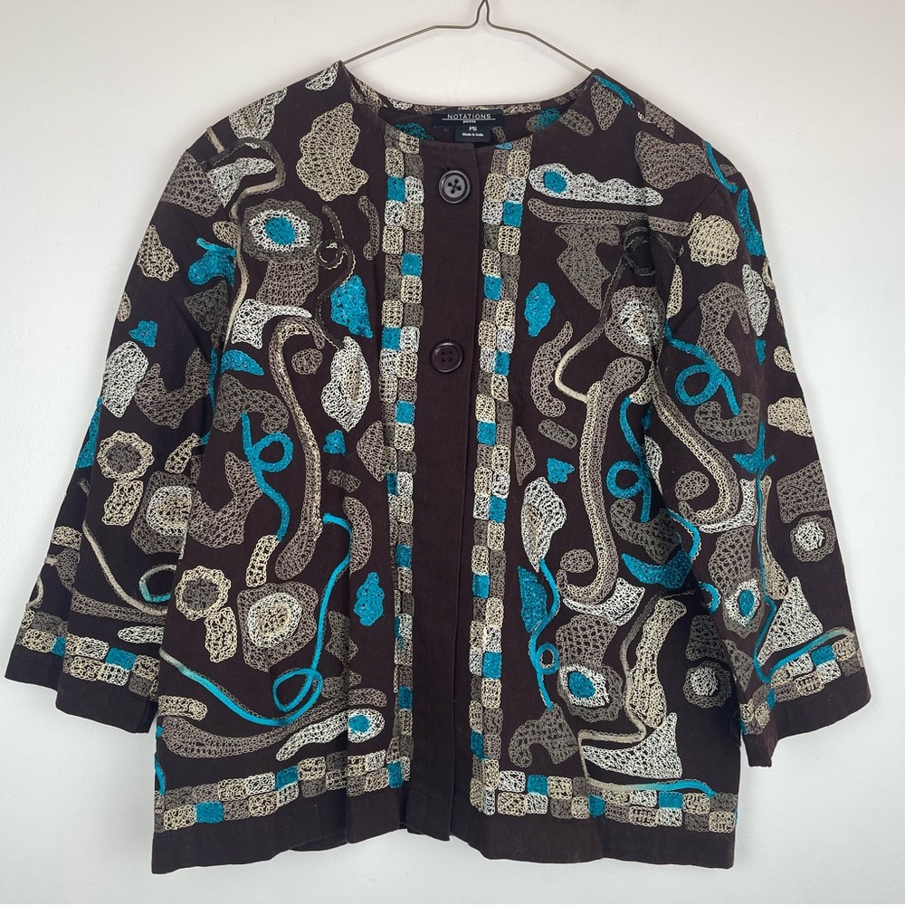 Notations Petite Small Jacket Brown Turquoise Abstract Print